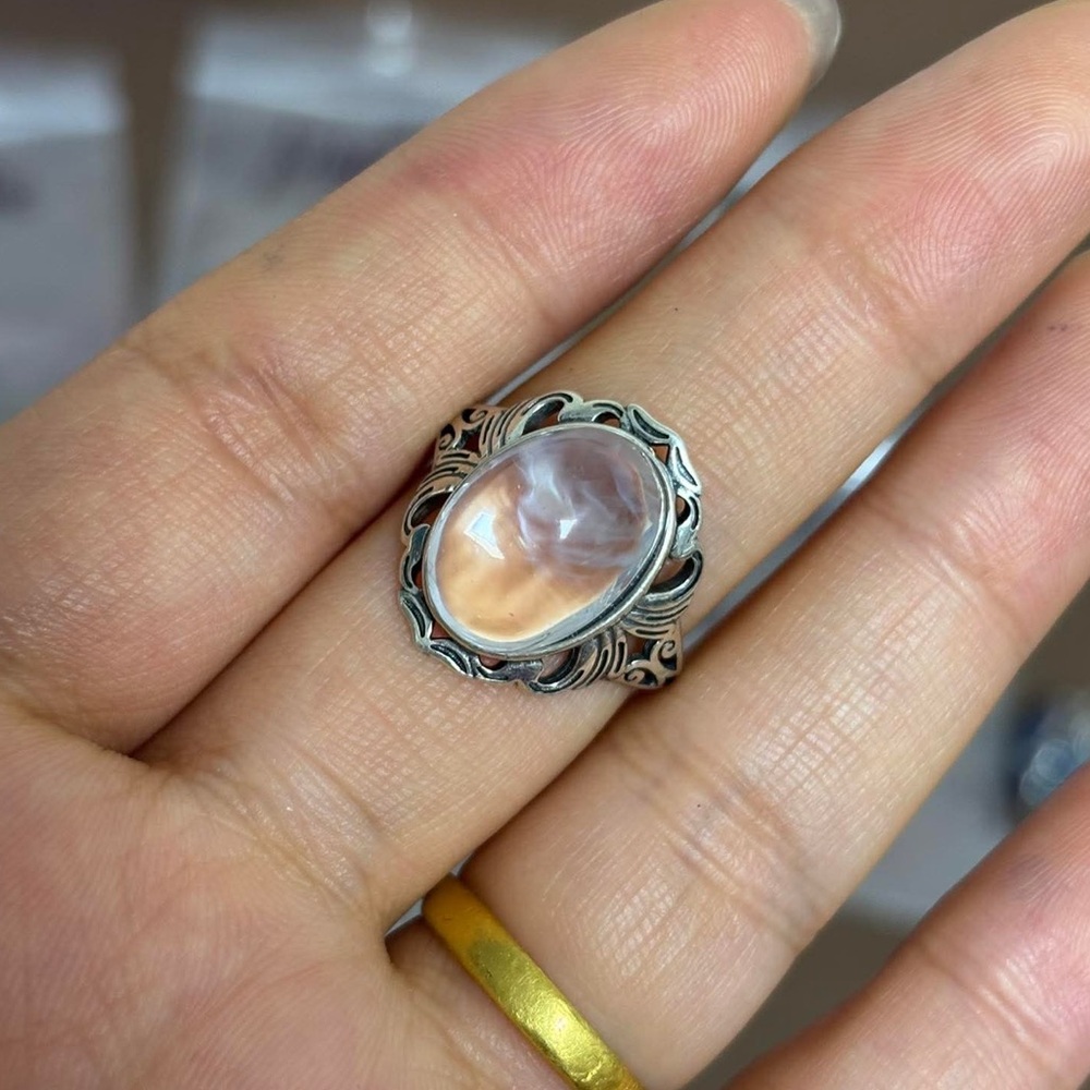 Sterling Silver blue needle Quartz Oval Ring - Clear Stone
